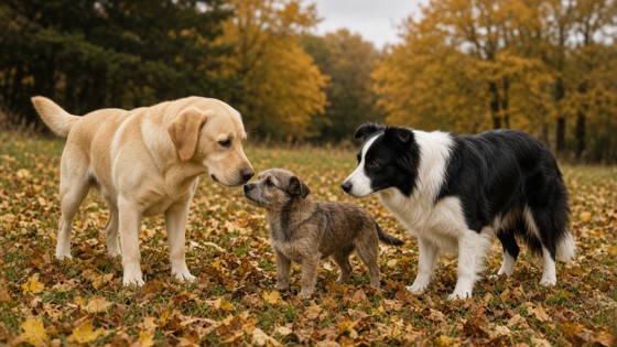 Hunde beschnuppern sich gegenseitig auf einer Hundewiese.