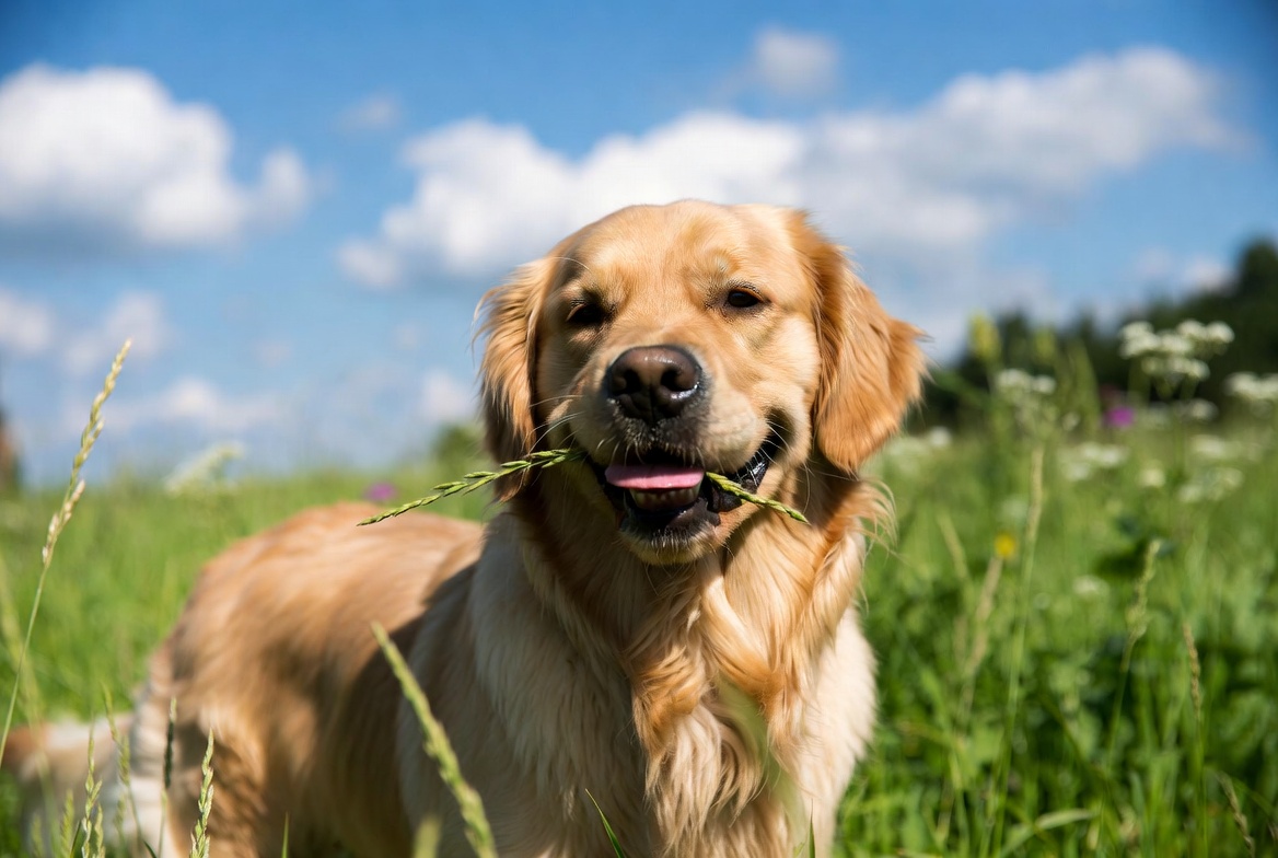 Ein Hund steht auf einer Wiese und frisst Gras