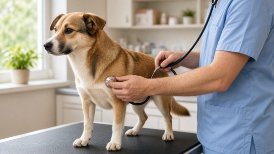 Ein Tierarzt hört bei einem hustenden Hund das Herz und die Lunge mit einem Stethoskop ab.