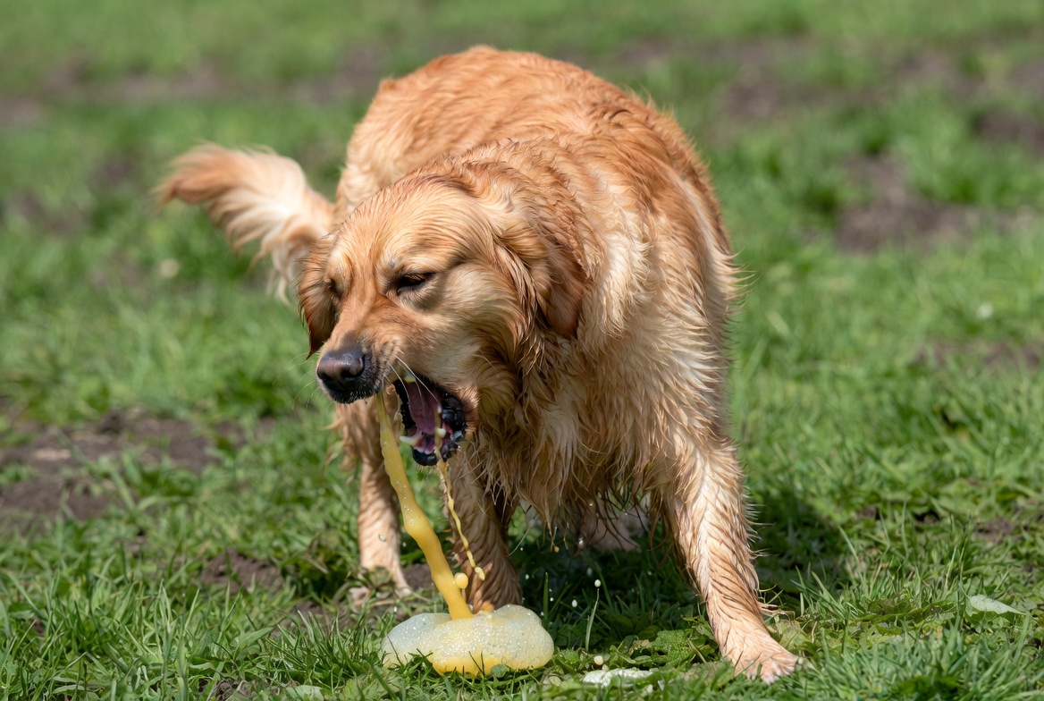 Ein Golden Retriever erbricht gelblichen Schaum (typische Magensäure/Galle)