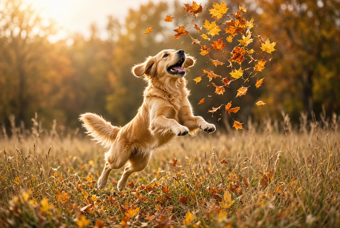 Hund springt auf einer Herbstwiese und fängt herabfallendes Laub
