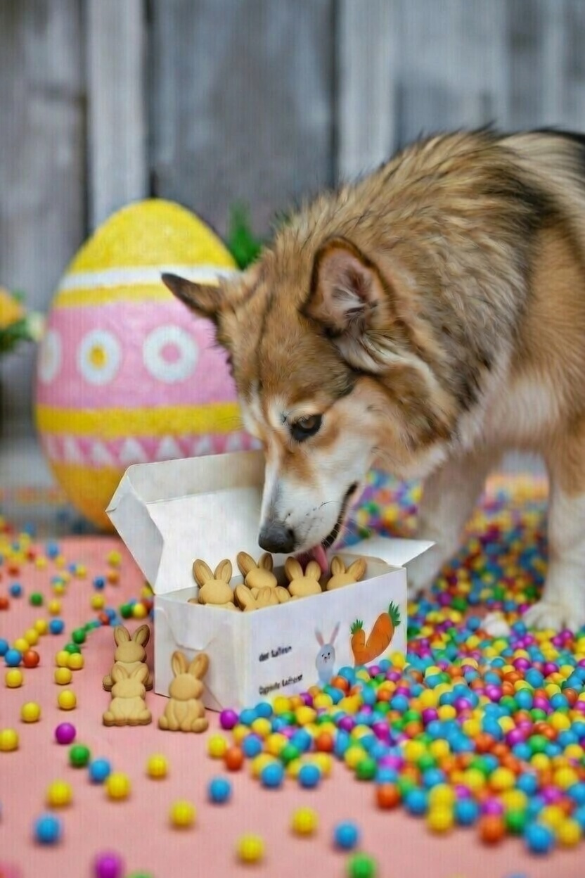 Ein Hund frisst selbstgemachte Hundekekse zu Ostern