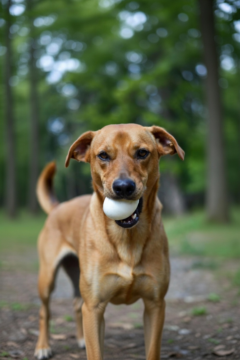 Ein Hund auf einem Waldweg hat ein hartgekochtes Ei im Maul und schaut direkt in die Kamera