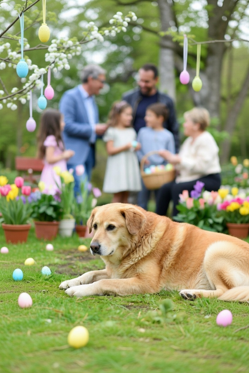 Hund liegt entspannt im Garten – Familie sucht Ostereier im Hintergrund