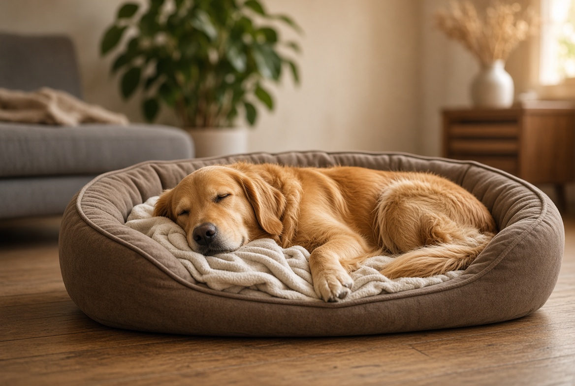 Müder Golden Retriever schläft zufrieden in einem Hundebett