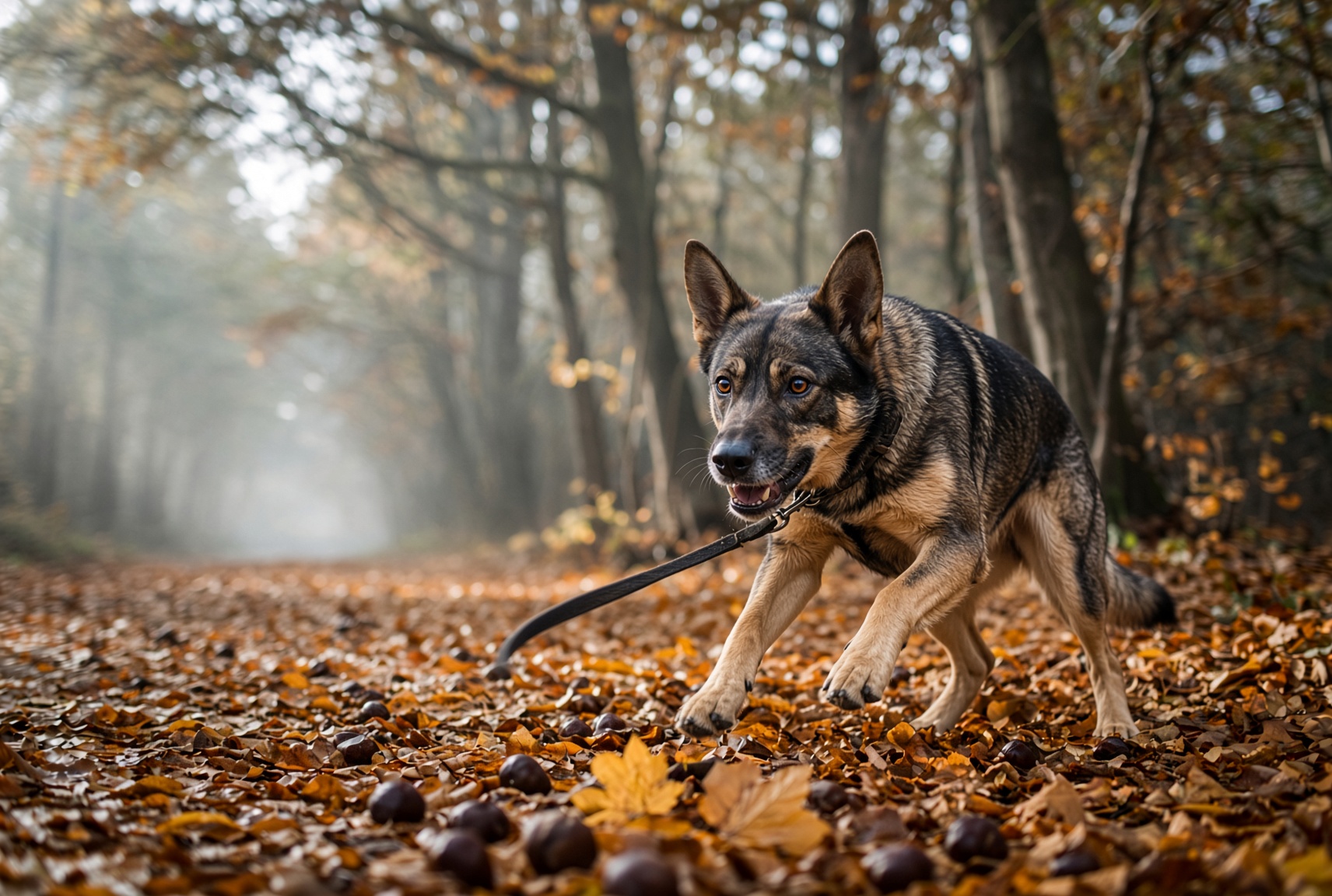 Hund ist voller Energie und will toben auf einem herbstlichen Waldweg voller Laub
