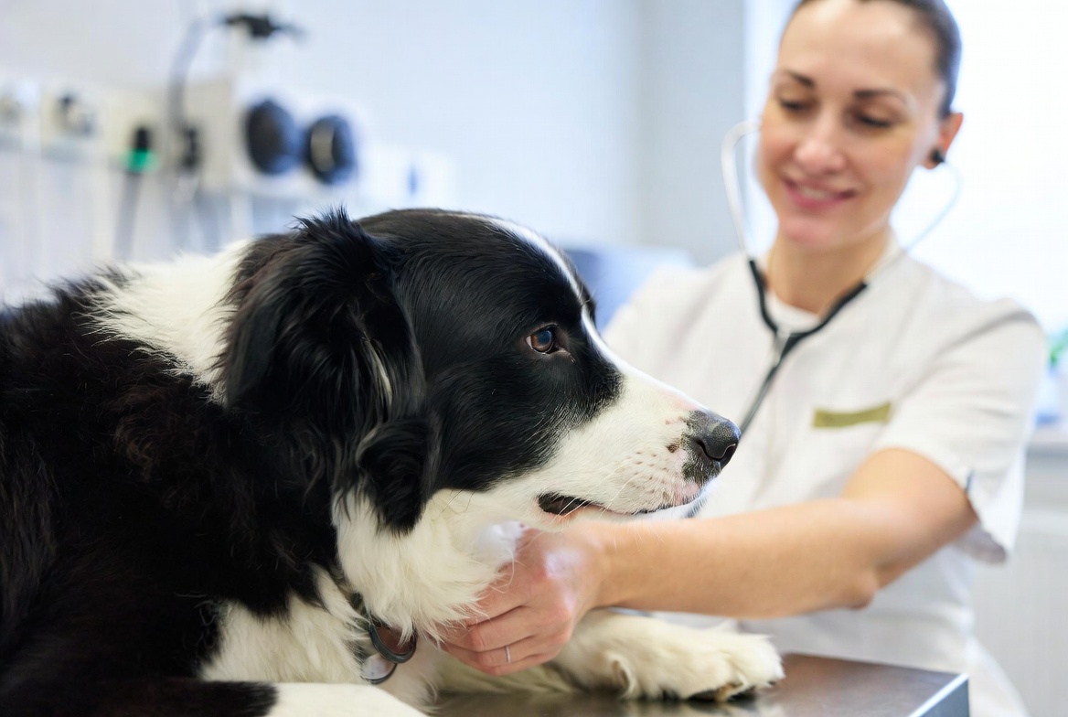 Ein Hund wird vom Tierarzt untersucht, um die Ursache für Grasfressen zu finden