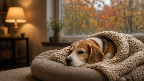 Ein kranker Beagle liegt in seinem Hundebett und ist mit einer Decke eingekuschelt.
