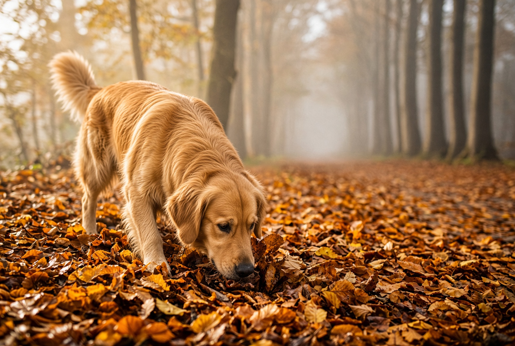 Hund bei der Nasenarbeit im herbstlichen Laub auf einem Waldweg