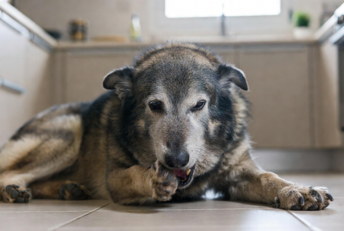 Alter Deutscher Schäferhund liegt auf dem Küchenboden und kaut am Gelenk der schmerzenden Vorderpfote.