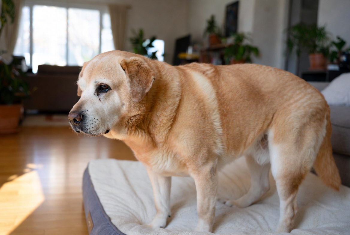 Ein Hundesenior steht mühsam und steif aus seinem Hundebett auf
