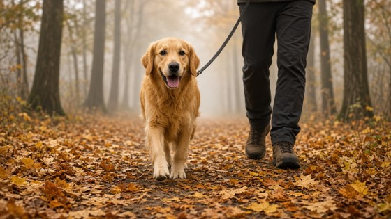 Golden Retriever beim Herbstspaziergang auf einem laubbedeckten Waldweg