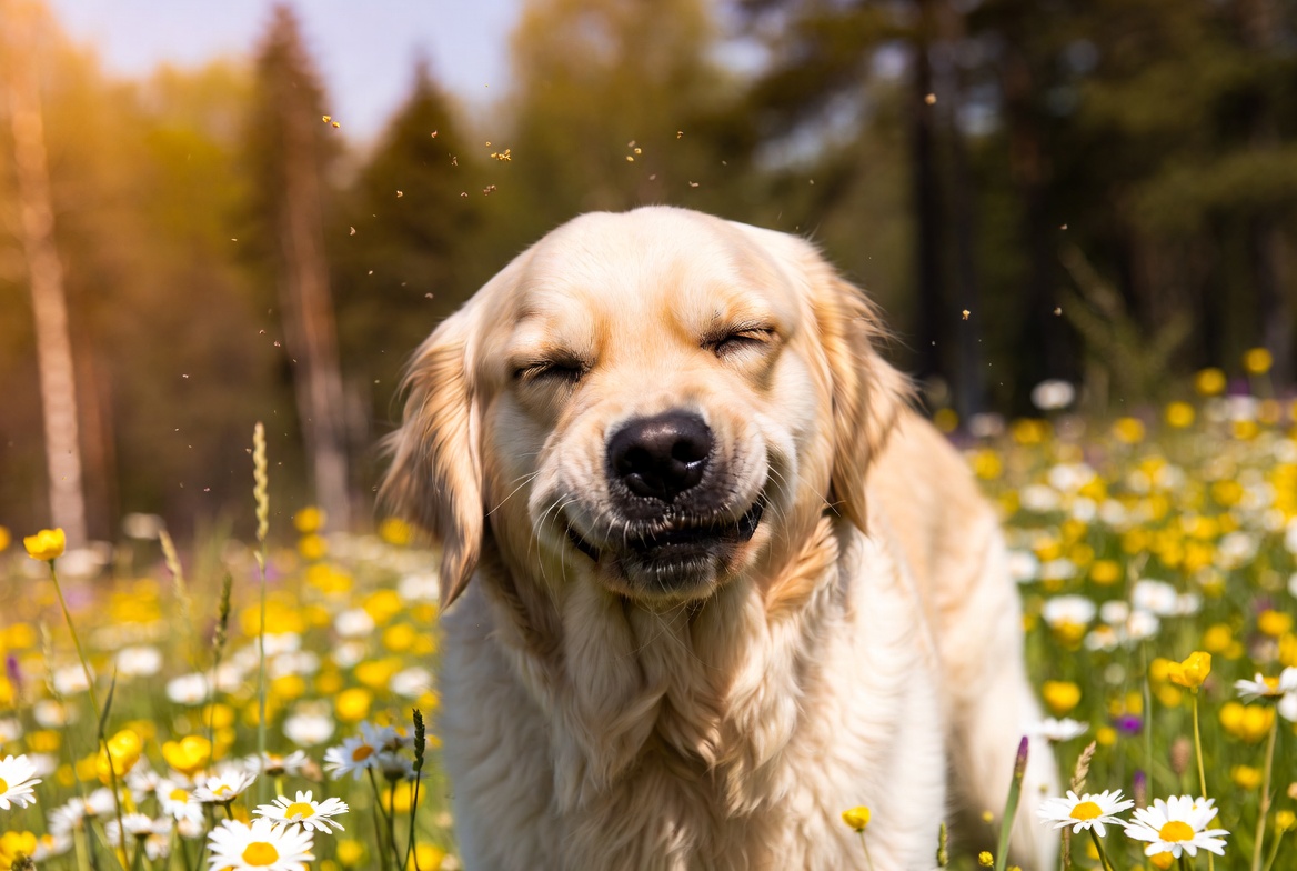 Golden Retriever niest in einer Wiese – ein typisches Symptom einer Pollenallergie beim Hund.