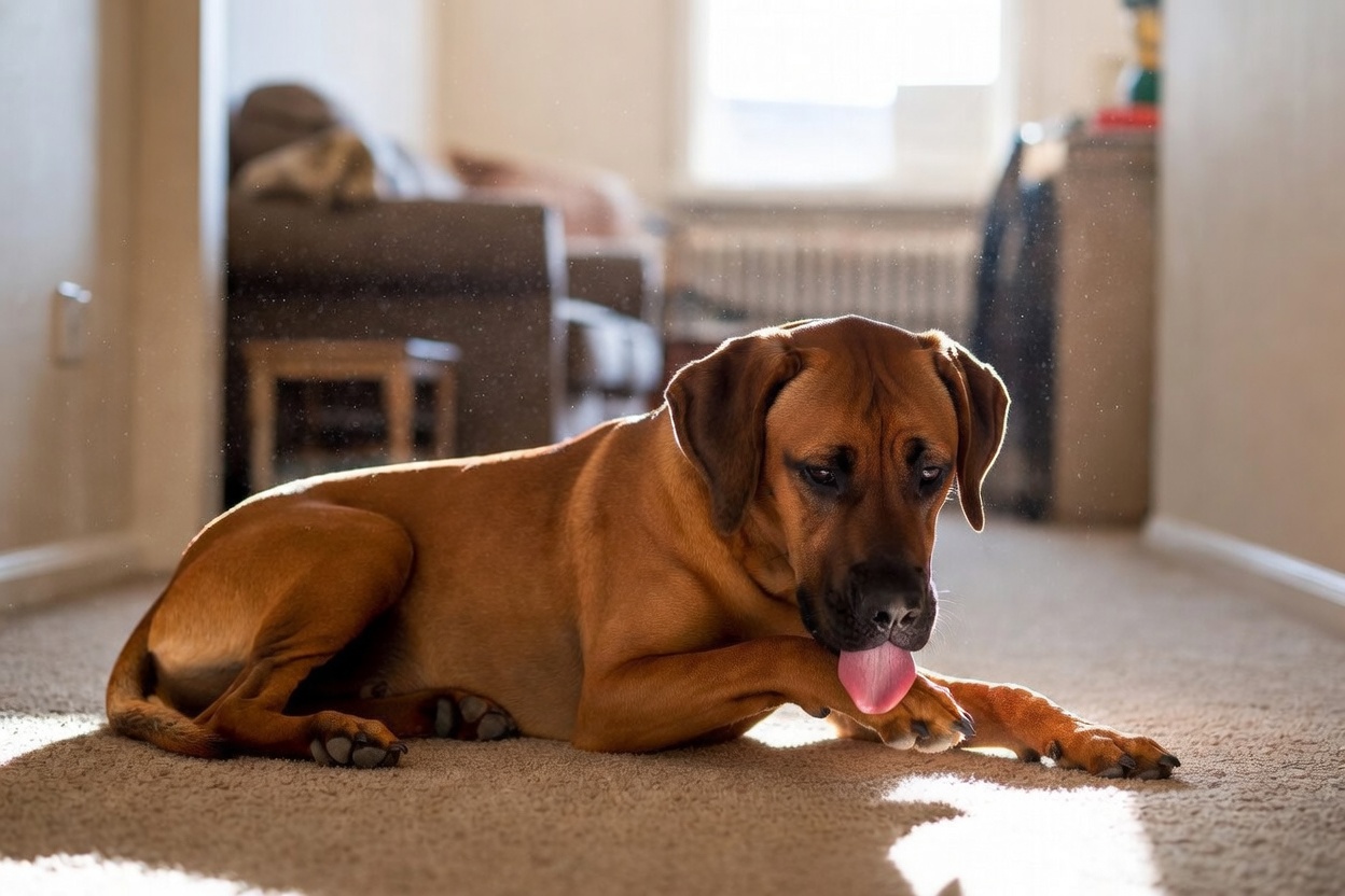 Rhodesian Ridgeback leckt sich intensiv die Pfote – ein Anzeichen für Pollenallergie oder Juckreiz beim Hund.