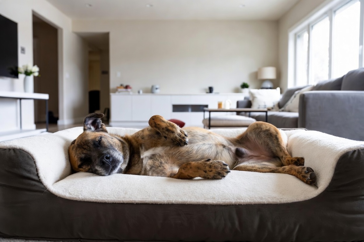Hund schläft auf dem Rücken im Hundebett – So schützt du deine Wohnung bei Hunden mit Pollenallergie.